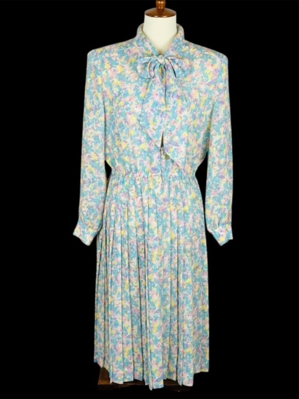 Vintage Schrader Sport Petite Dress Sz 12 Sheer Floral Pussybow Pleated Modest